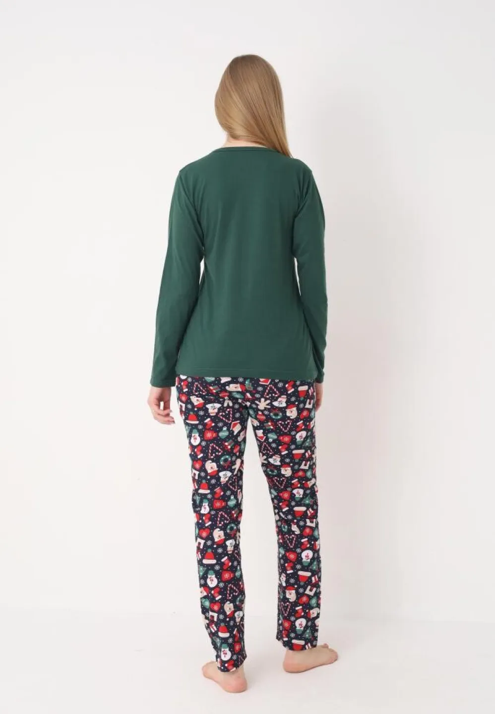pijama dama craciun model verde, imprimeu om de zăpadă, set cu mânecă și pantaloni lungi - 3