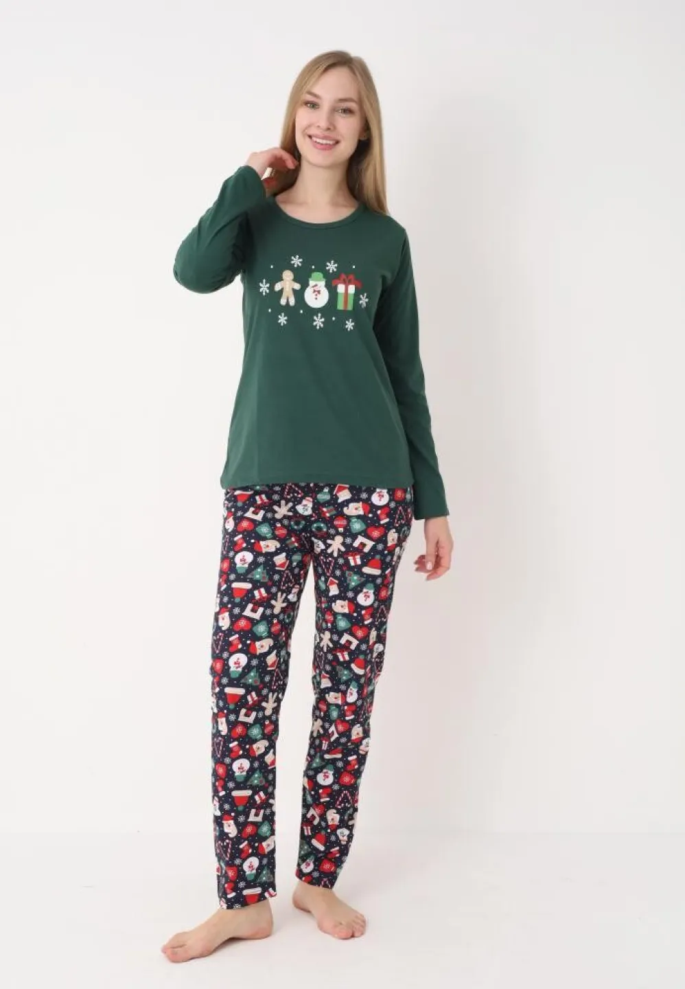 pijama dama craciun model verde, imprimeu om de zăpadă, set cu mânecă și pantaloni lungi - 4