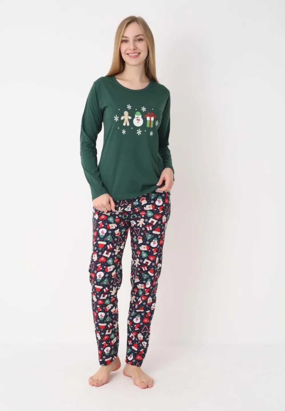 pijama dama craciun model verde, imprimeu om de zăpadă, set cu mânecă și pantaloni lungi - 5