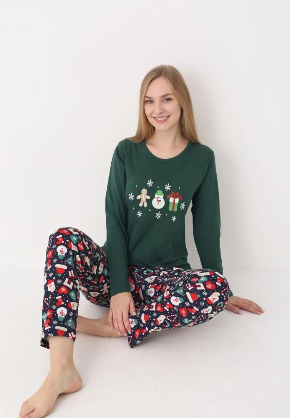 pijama dama craciun model verde, imprimeu om de zăpadă, set cu mânecă și pantaloni lungi - 6