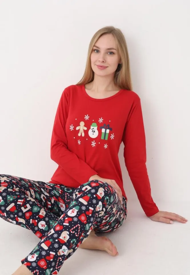 pijama dama craciun roșu, model om de zăpadă, set cu mânecă lungă și pantaloni lungi