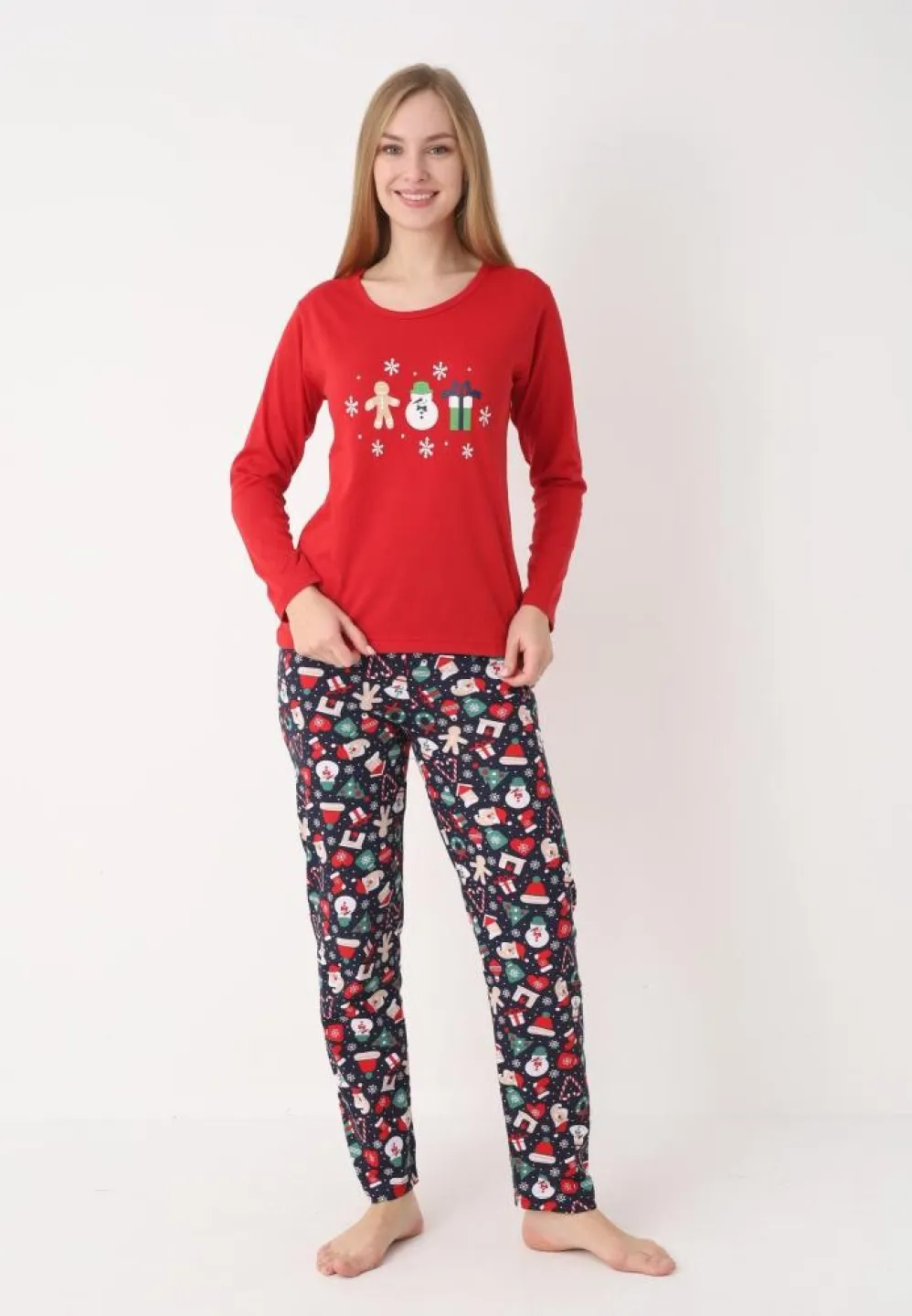 pijama dama craciun roșu, model om de zăpadă, set cu mânecă lungă și pantaloni lungi - 4