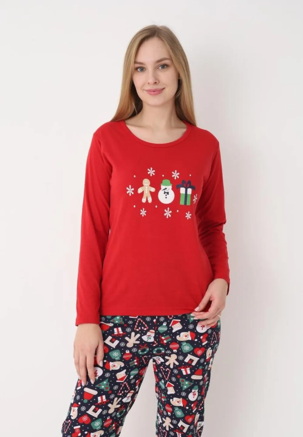 pijama dama craciun roșu, model om de zăpadă, set cu mânecă lungă și pantaloni lungi - 6