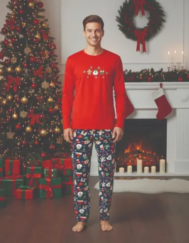 Pijama barbat Crăciun clasic roșu cu om de zăpadă, pijama completă cu mânecă lungă și pantaloni lungi