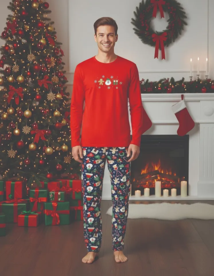 Pijama barbat Crăciun clasic roșu cu om de zăpadă, pijama completă cu mânecă lungă și pantaloni lungi
