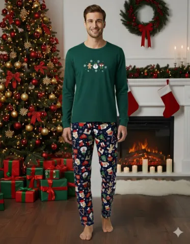 Pijama barbat Crăciun verde, pijama completă cu om de zăpadă, mânecă lungă și pantaloni lungi hover