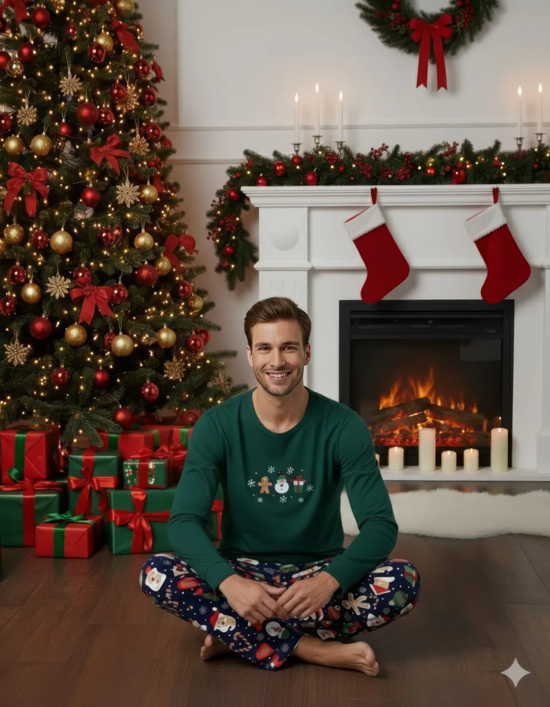 Pijama barbat Crăciun verde, pijama completă cu om de zăpadă, mânecă lungă și pantaloni lungi - 1