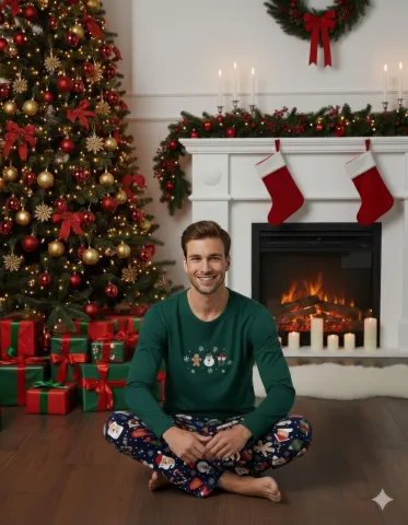 Pijama barbat Crăciun verde, pijama completă cu om de zăpadă, mânecă lungă și pantaloni lungi