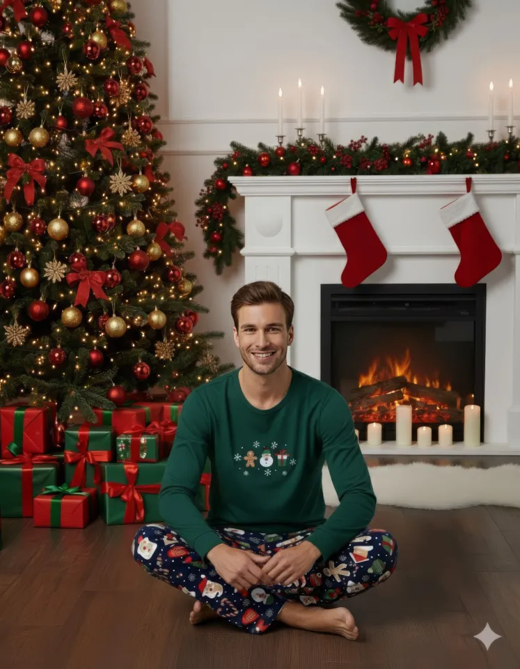 Pijama barbat Crăciun verde, pijama completă cu om de zăpadă, mânecă lungă și pantaloni lungi