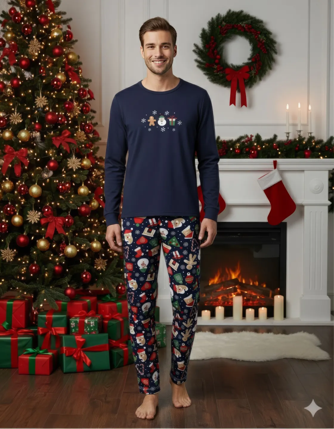 Pijama barbat bleumarin de Crăciun cu imprimeu om de zăpadă, set cu mânecă lungă și pantaloni lungi - 1