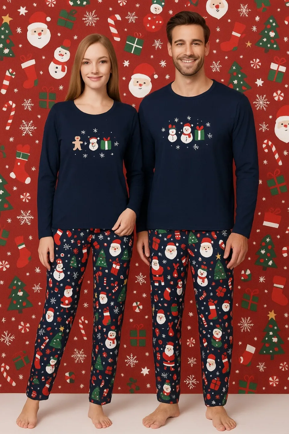 Pijama cuplu Crăciun bleumarin – set adorabil cu om de zăpadă - 1