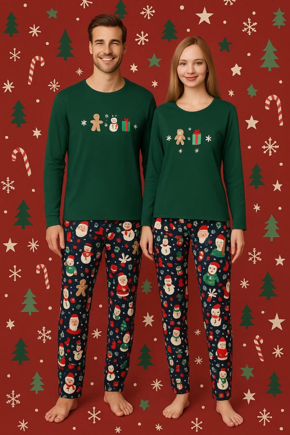 Pijama cuplu Crăciun verde – model adorabil cu om de zăpadă pentru cupluri - 1