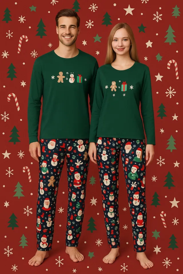 Pijama cuplu Crăciun verde – model adorabil cu om de zăpadă pentru cupluri