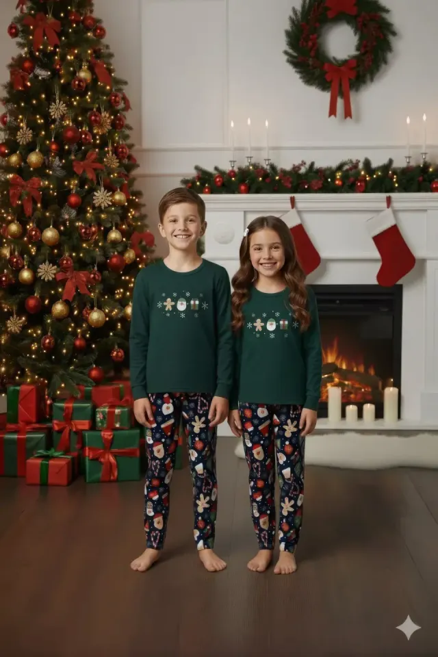 Pijama copii de Crăciun verde, cu imprimeu om de zăpadă