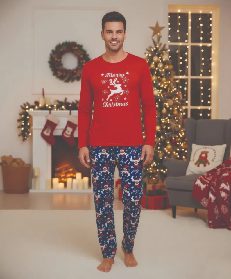 Pijama bărbat roșie de Crăciun cu mesaj Merry Christmas