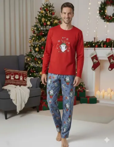 Pijama bărbat roșie de Crăciun cu modele tematice hover