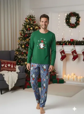 Pijama bărbat verde de Crăciun cu modele tematice hover