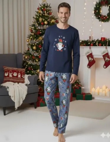 Pijama bărbat bleumarin de Crăciun cu modele tematice hover