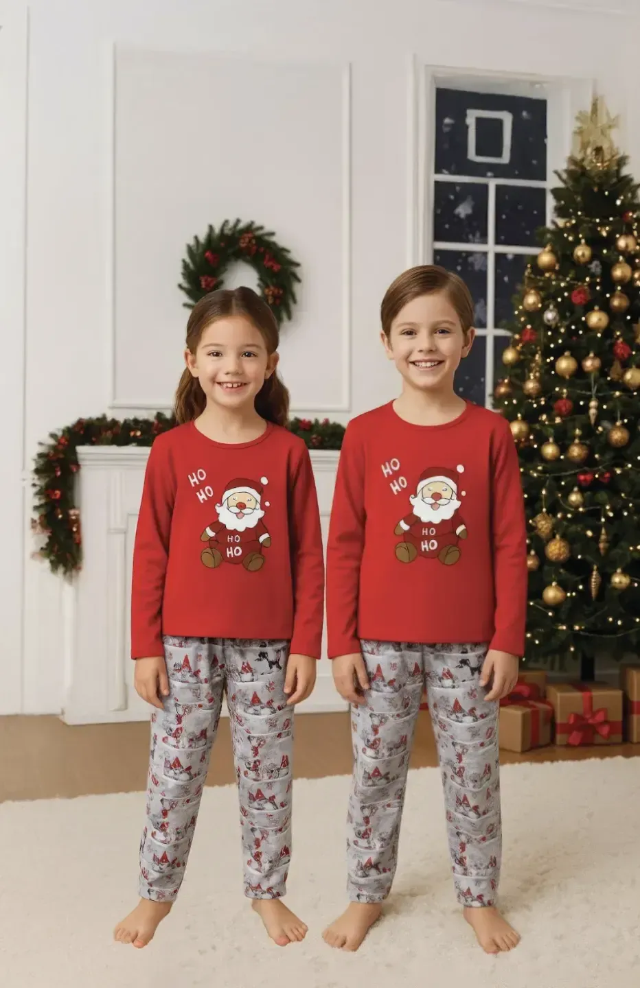 2️⃣ Pijama copii Roșu de Crăciun – Print Moș Crăciun - 1