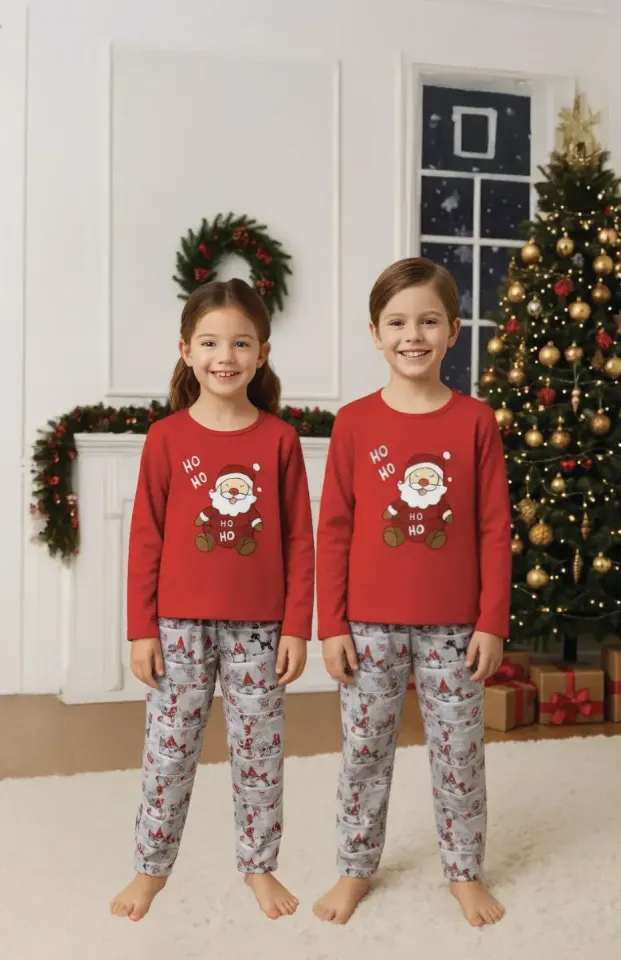 2️⃣ Pijama copii Roșu de Crăciun – Print Moș Crăciun