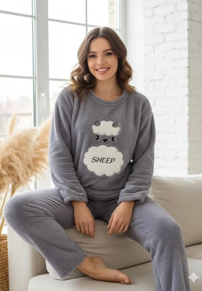 Pijama dama Cocolino maneca lunga pantaloni lungi, gri, sheep