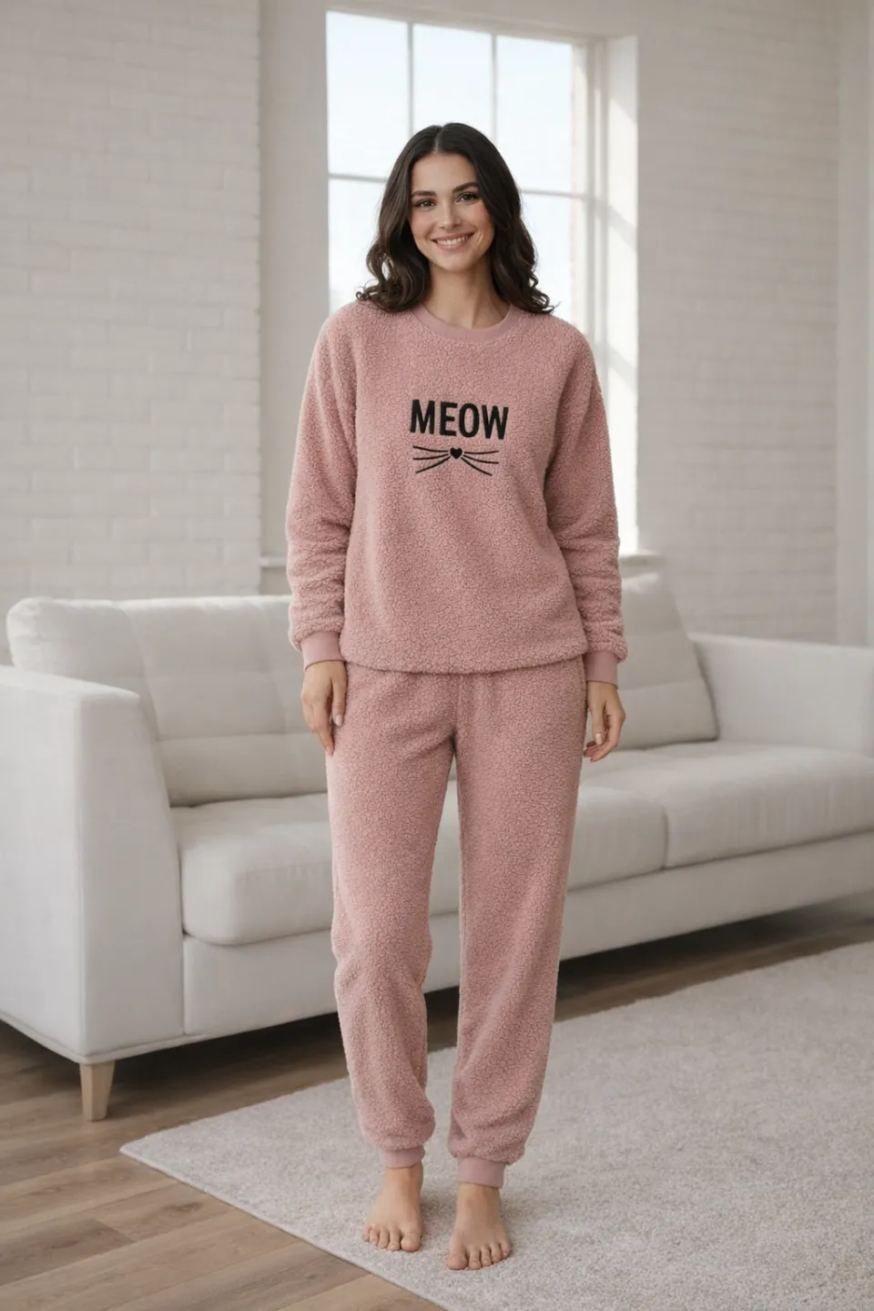 Pijama Damă Cocolino Roz Pudrat cu Imprimeu MEOW, Mânecă și Pantalon Lung - 1