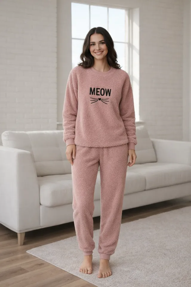 Pijama Damă Cocolino Roz Pudrat cu Imprimeu MEOW, Mânecă și Pantalon Lung