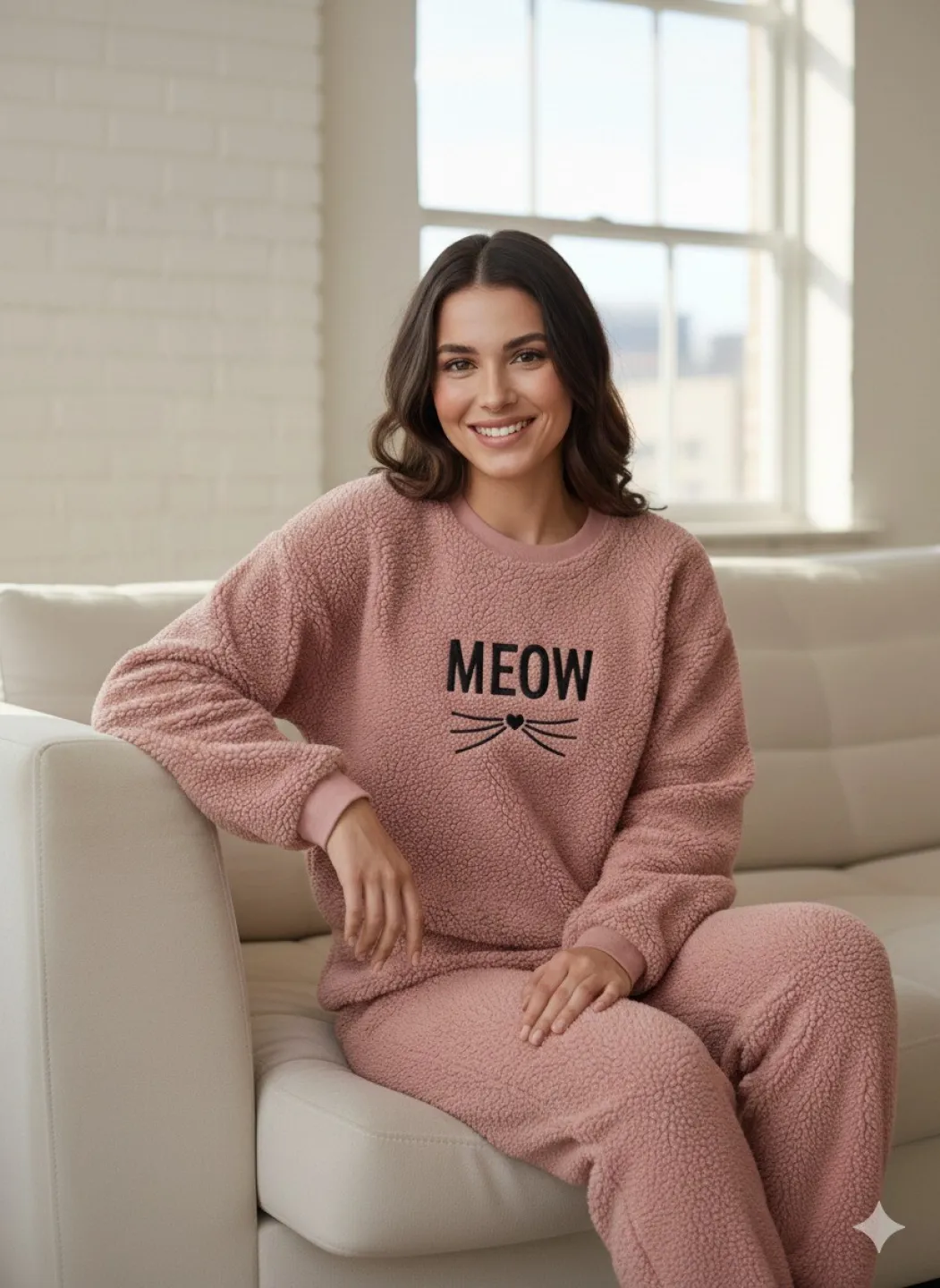 Pijama Damă Cocolino Roz Pudrat cu Imprimeu MEOW, Mânecă și Pantalon Lung - 2