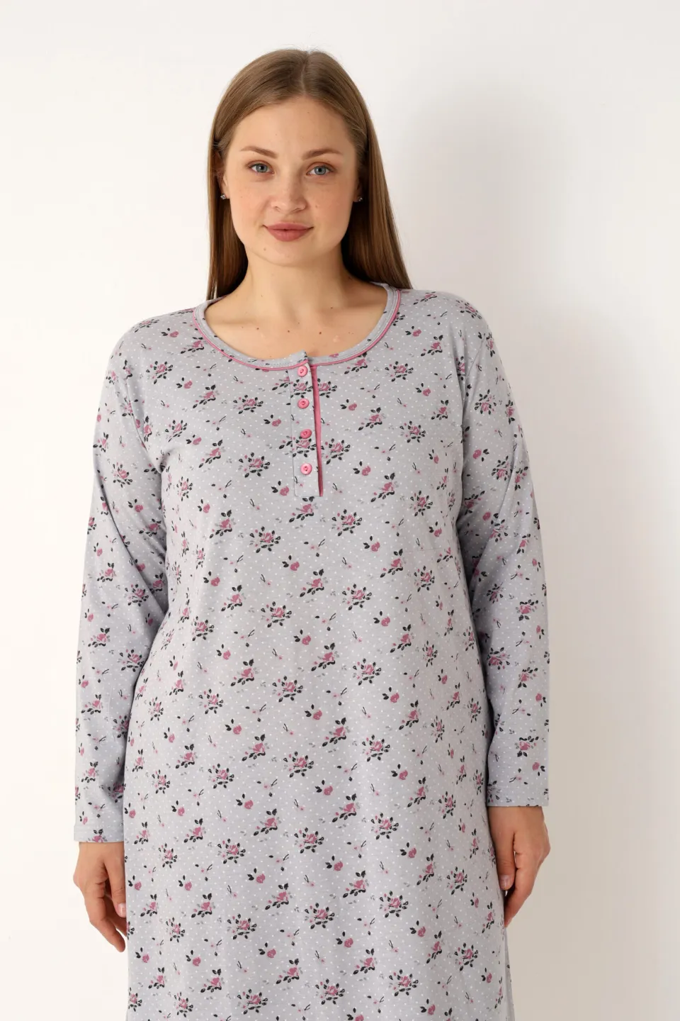 Cămașă de noapte damă, gri cu imprimeu floral, - 3