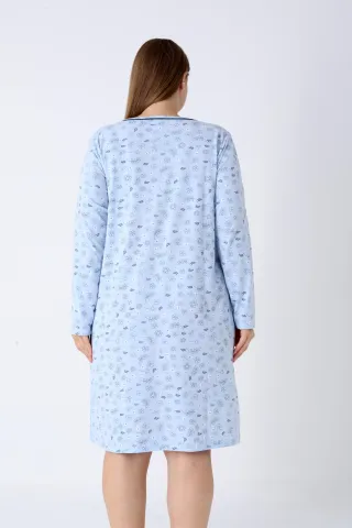 Cămașă de noapte damă mărimi mari, din bumbac, albastră cu flori hover