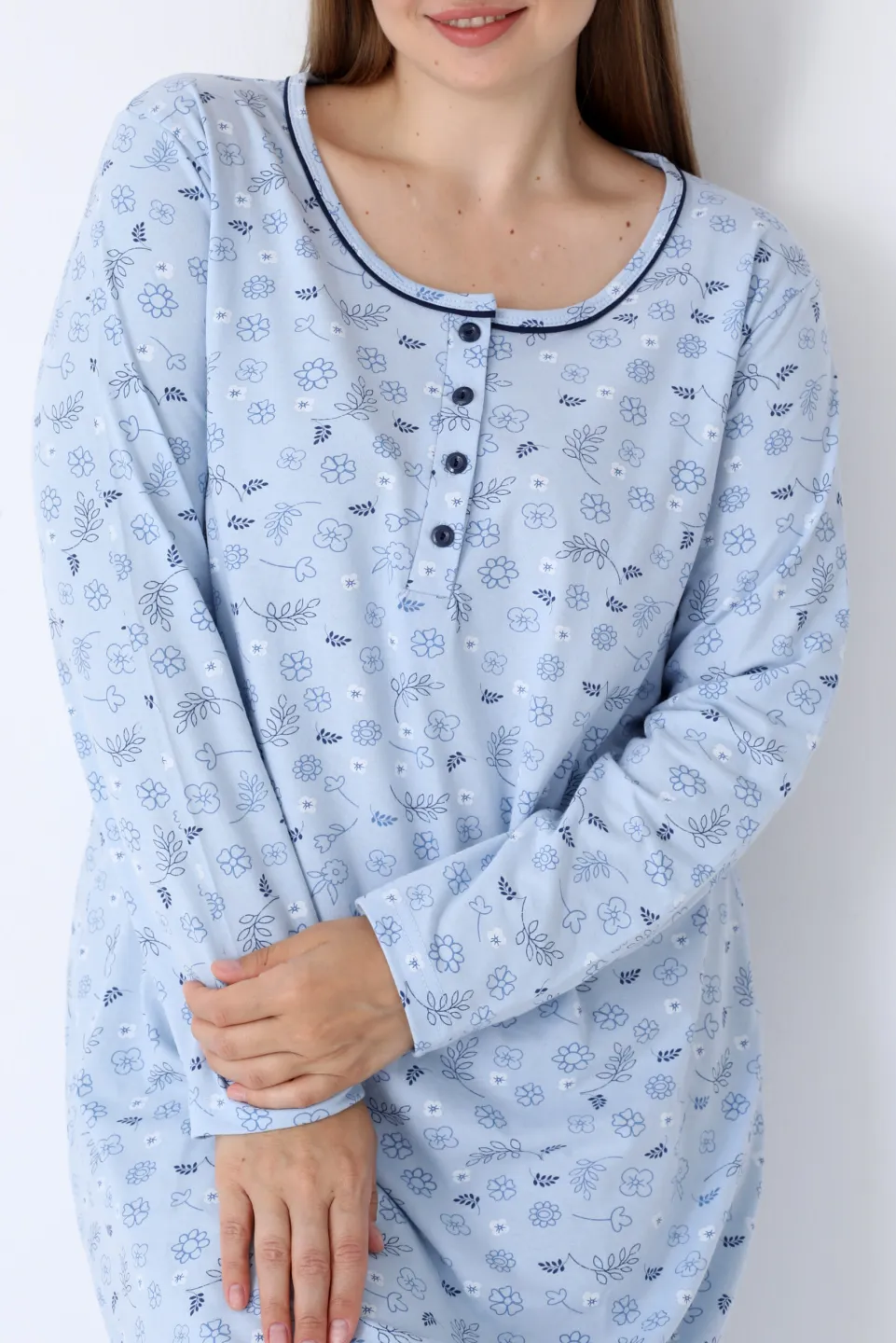 Cămașă de noapte damă mărimi mari, din bumbac, albastră cu flori - 4