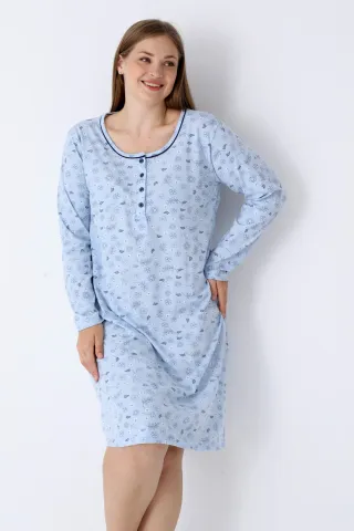 Cămașă de noapte damă mărimi mari, din bumbac, albastră cu flori