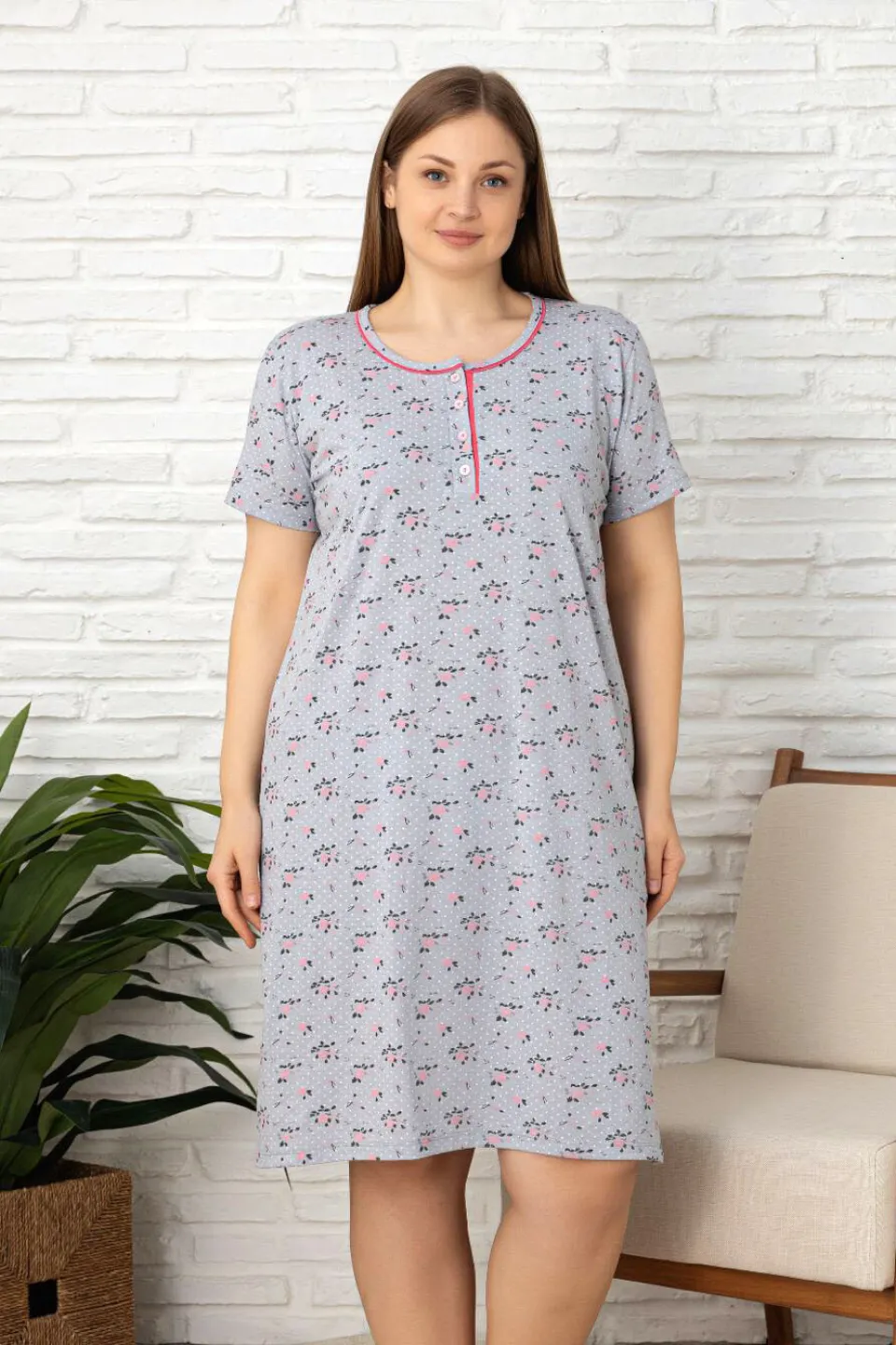 Camasa de noapte maneca scurta marimi mari gri flori - 1