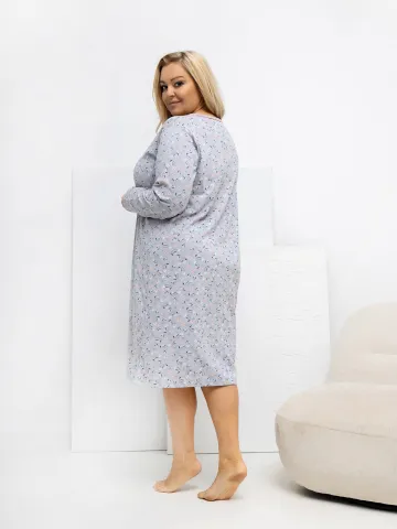 Cămașă de noapte damă mânecă lungă, mărimi mari, gri cu flori hover