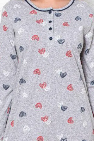Cămașă de noapte damă, mânecă lungă, gri, imprimeu inimioare hover