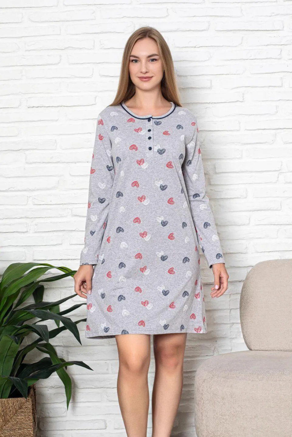 Cămașă de noapte damă, mânecă lungă, gri, imprimeu inimioare - 1