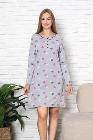 Cămașă de noapte damă, mânecă lungă, gri, imprimeu inimioare