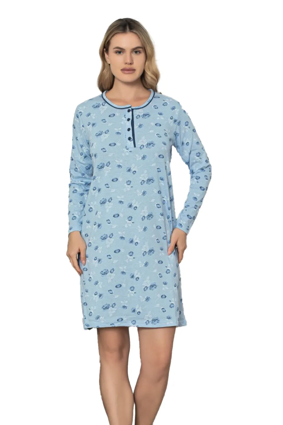 Cămașă de noapte damă, mânecă lungă, gri cu imprimeu flori - 1