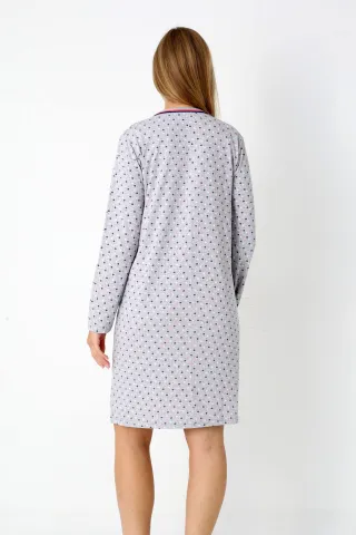 Cămașă de noapte damă, mânecă lungă, gri cu imprimeu buline hover