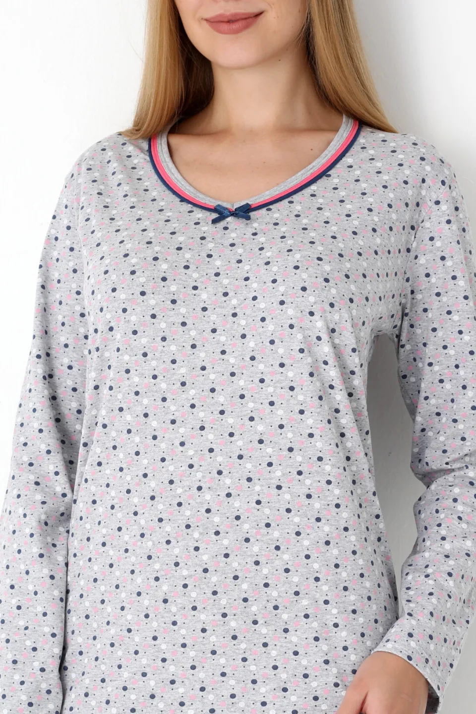 Cămașă de noapte damă, mânecă lungă, gri cu imprimeu buline - 3