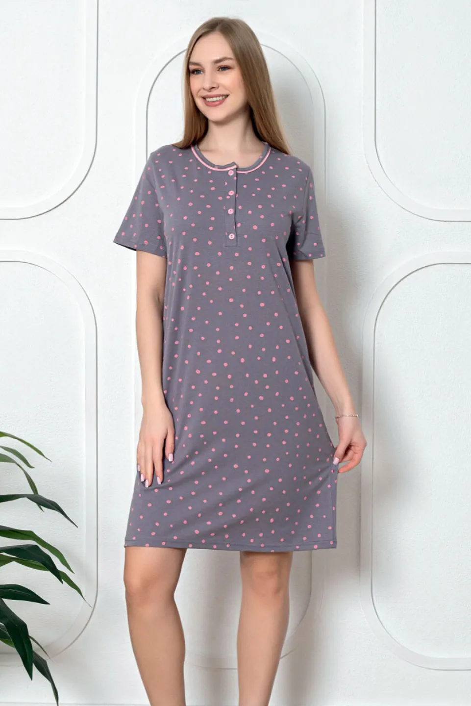 Cămașă de noapte damă, mânecă scurtă, cu buline - 1