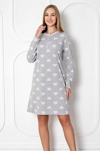 Cămașă de noapte damă, mânecă lungă, gri cu imprimeu inimoare