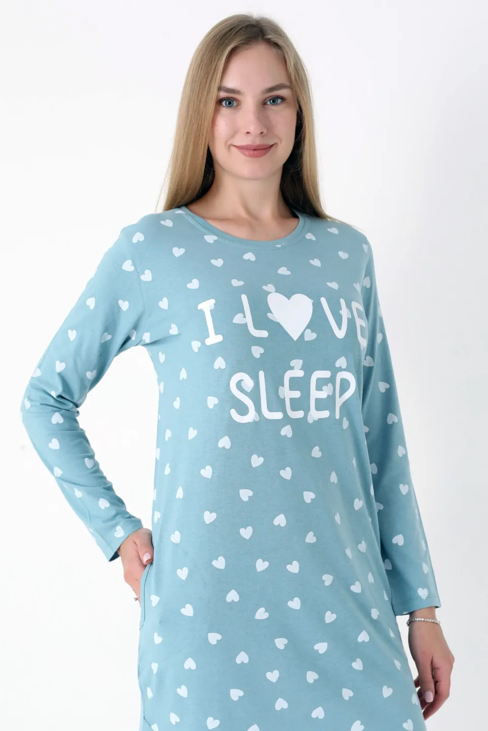 Cămașă de noapte damă, verde, mânecă lungă, imprimeu „I Love Sleep - 3