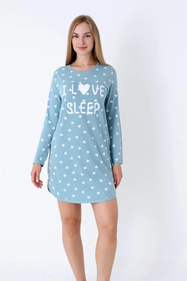 Cămașă de noapte damă, verde, mânecă lungă, imprimeu „I Love Sleep