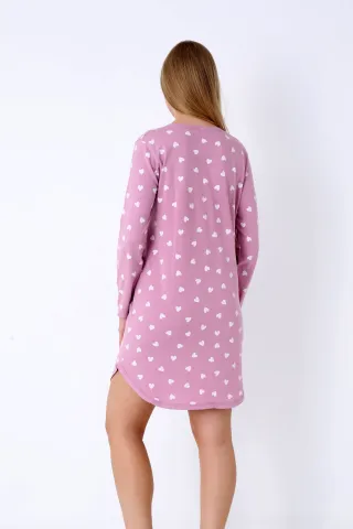 Cămașă de noapte damă, roz pudra, mânecă lungă, imprimeu „I Love Sleep hover