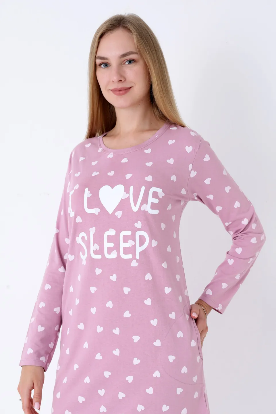 Cămașă de noapte damă, roz pudra, mânecă lungă, imprimeu „I Love Sleep - 3