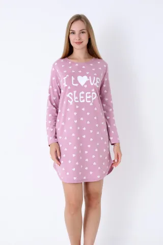 Cămașă de noapte damă, roz pudra, mânecă lungă, imprimeu „I Love Sleep