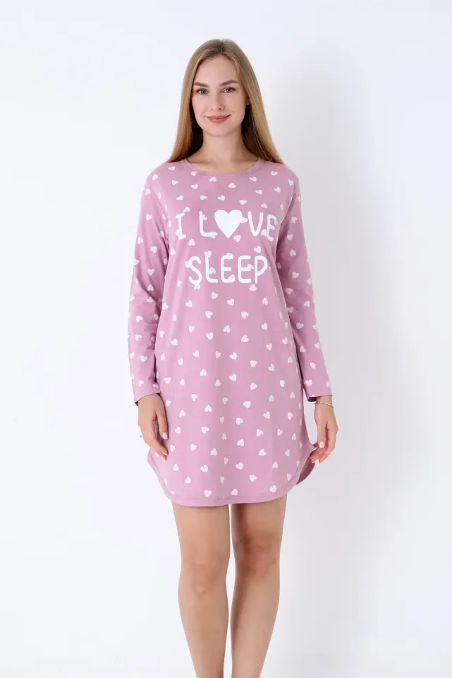 Cămașă de noapte damă, roz pudra, mânecă lungă, imprimeu „I Love Sleep