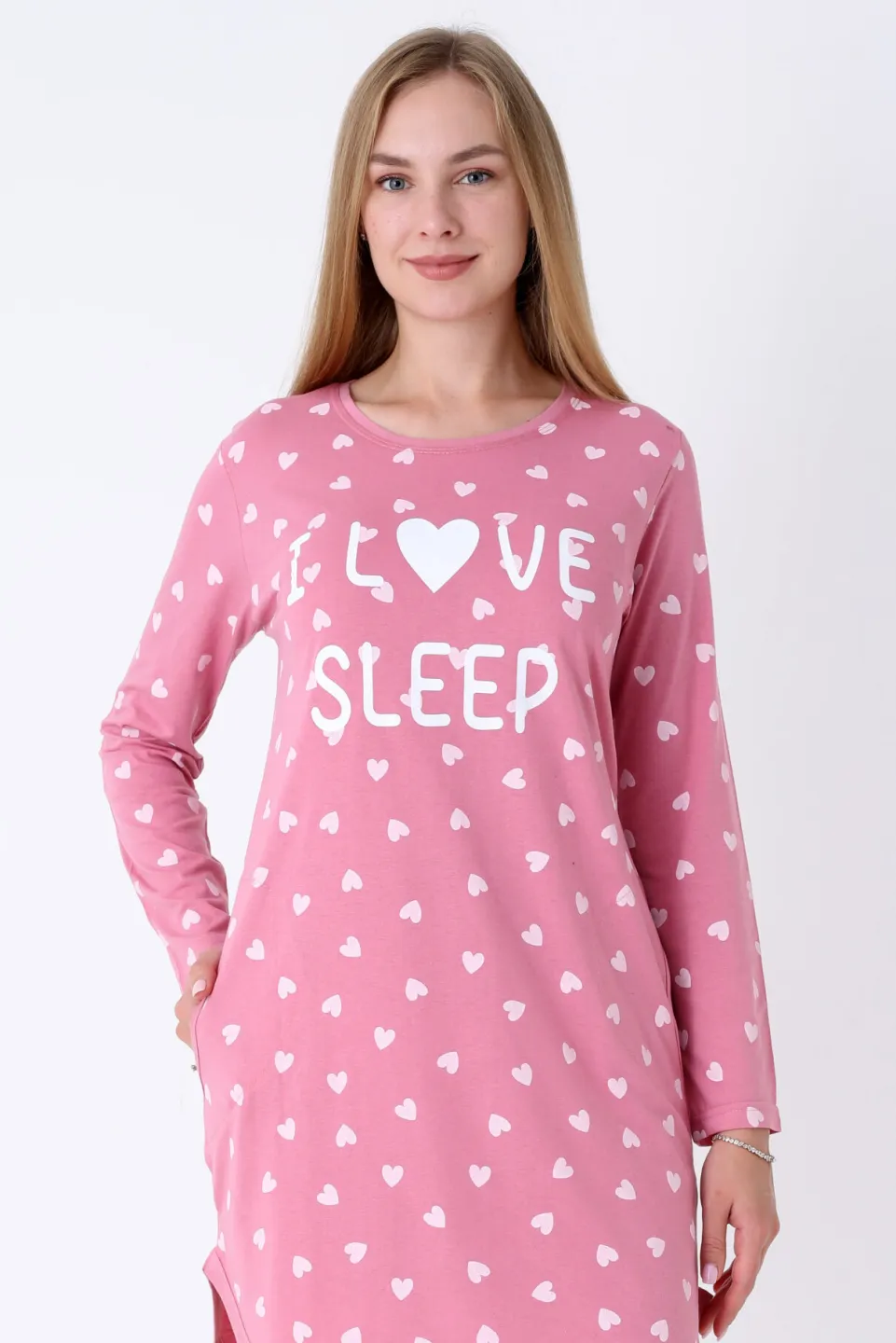 Cămașă de noapte damă, roz, mânecă lungă, imprimeu „I Love Sleep - 3