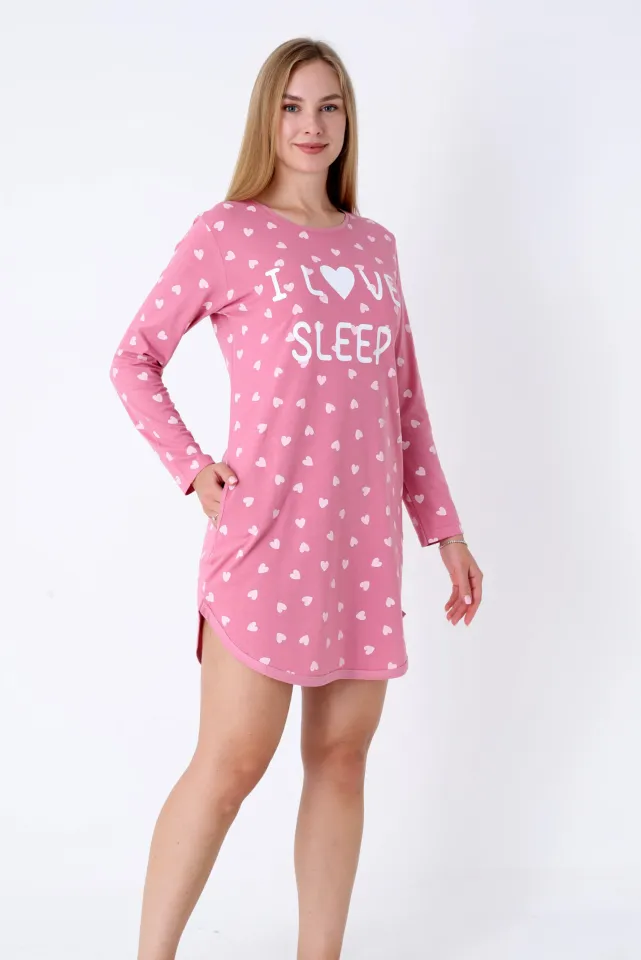Cămașă de noapte damă, roz, mânecă lungă, imprimeu „I Love Sleep